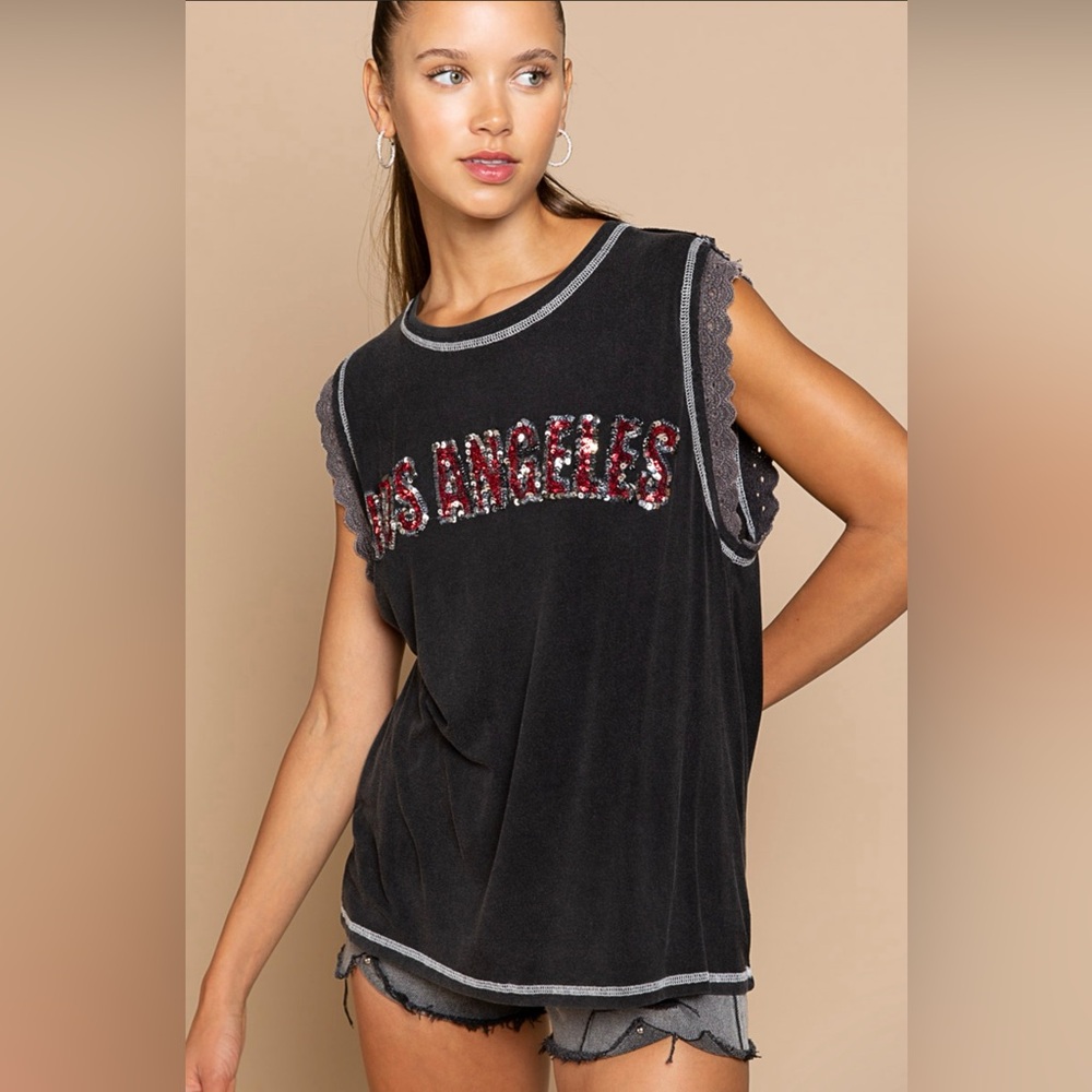 POL Embellished Black Los Angeles Sleeveless Top